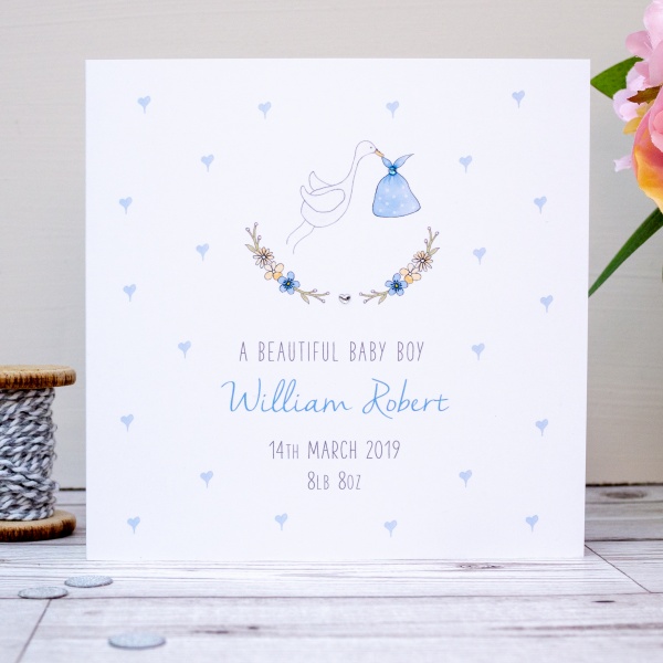 Personalised Baby Boy Card - Stork